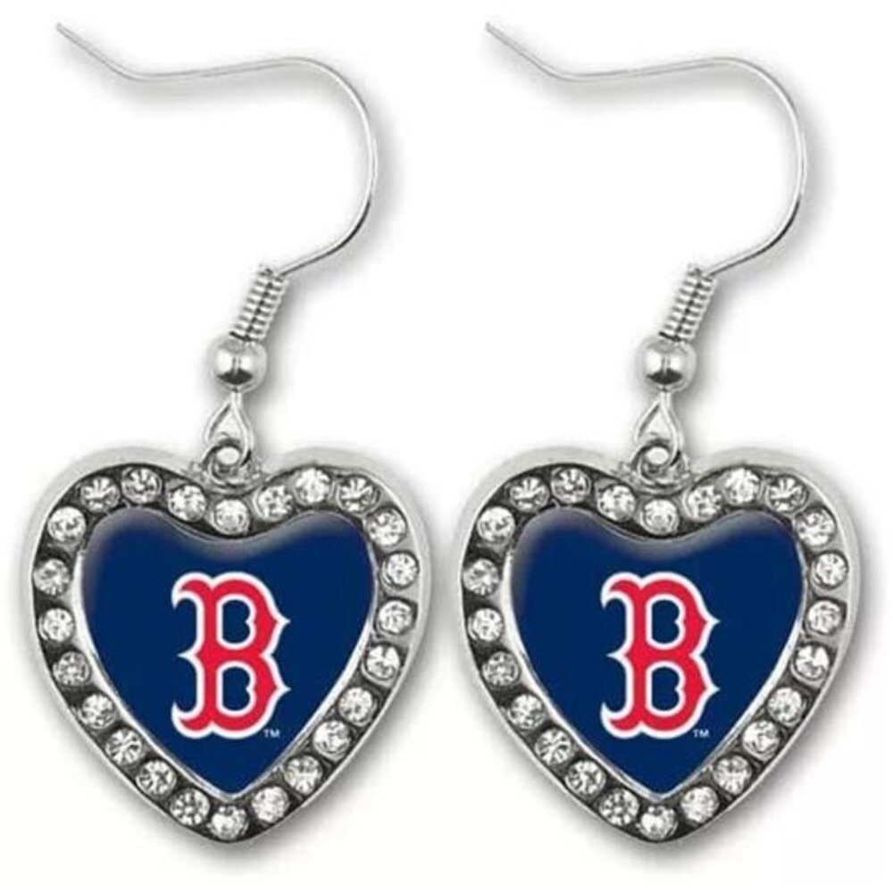 Womens Boston Red Sox Baseball Silver Crystal Heart Earrings | Dangle Drop